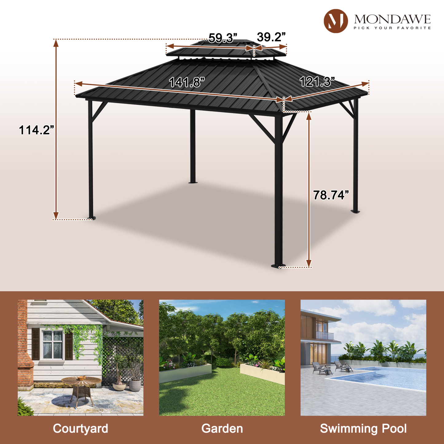 10 ft. x 12 ft. Outdoor Steel Frame Patio Gazebo Canopy Tent Shelter with Galvanized Steel Hardtop Roof Pavilion Garden-Mondawe