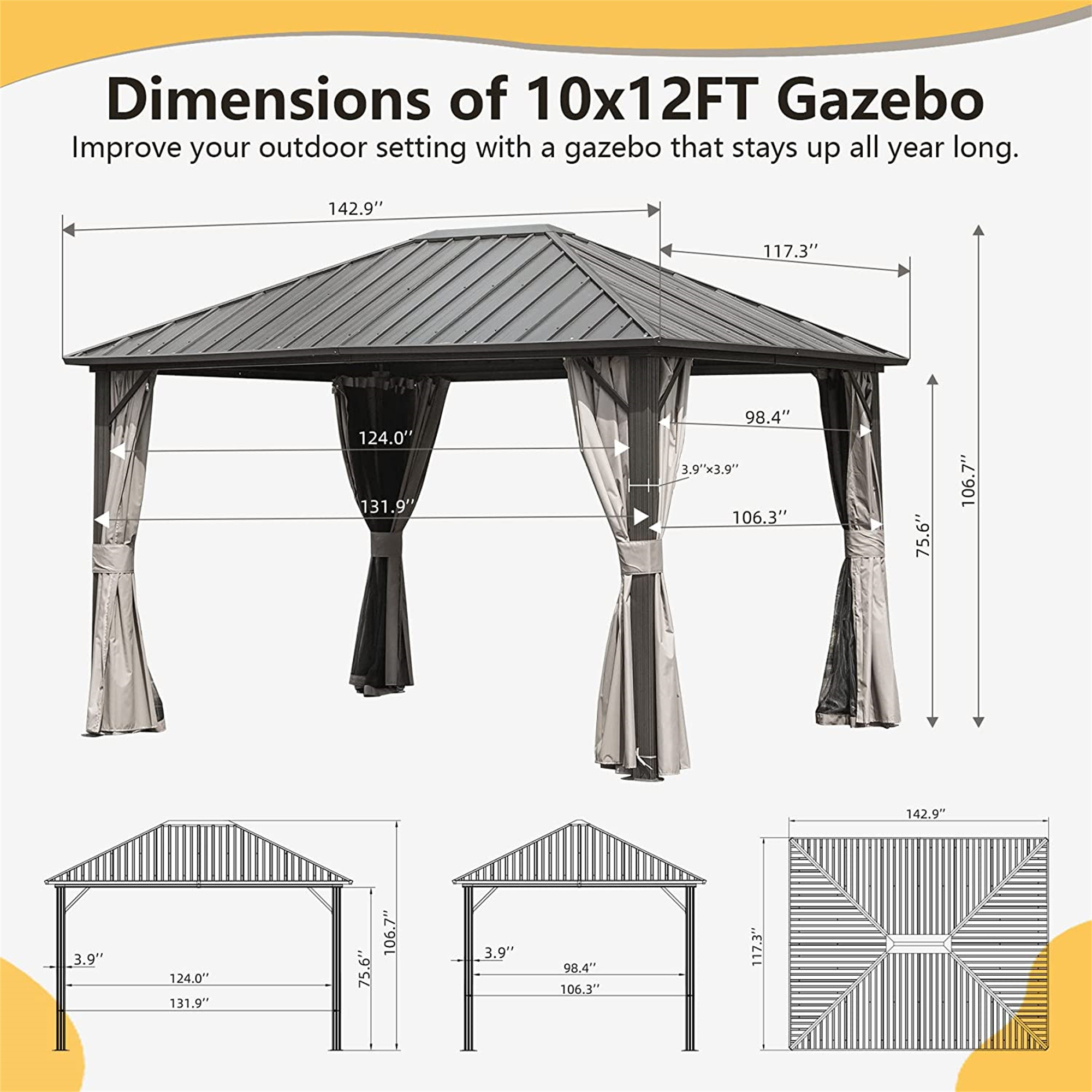 Mondawe 10x12 ft Permanent Aluminum Frame Outdoor Galvanized Steel Roof Pavilion Metal Gazebos with Netting and Curtains for Garden Patios Lawns Parties