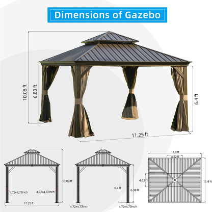 Mondawe 12x12 ft Outdoor Aluminum Frame Hardtop Gazebo with Galvanized Steel Double Roof PatioPermanent Metal Pavilion with Curtains and Netting for Patio, Backyard and Lawn (Brown)