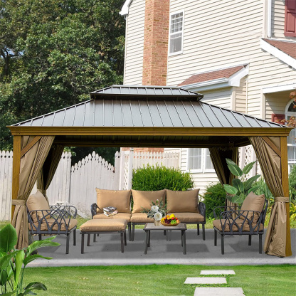 Mondawe 12x16 ft Outdoor Aluminum Wood Grain Hardtop Gazebo withCurtains and Netting Galvanized Steel Double Canopy for Patio Deck Lawn Backyard