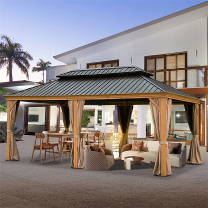 Mondawe 12x20 ft Outdoor Aluminum Wood Grain Hardtop Gazebo with Curtains&Netting Galvanized Steel Double Canopy for Patios Deck Backyard
