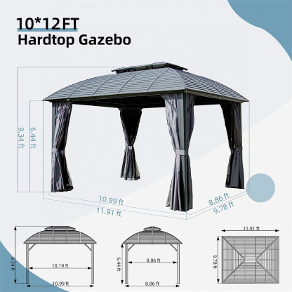 Mondawe Elegant Arc Top 10x12 ft Hardtop Sturdy Aluminum Frame Galvanized Steel Roof Gazebo with Zippered Sidewall & Netting