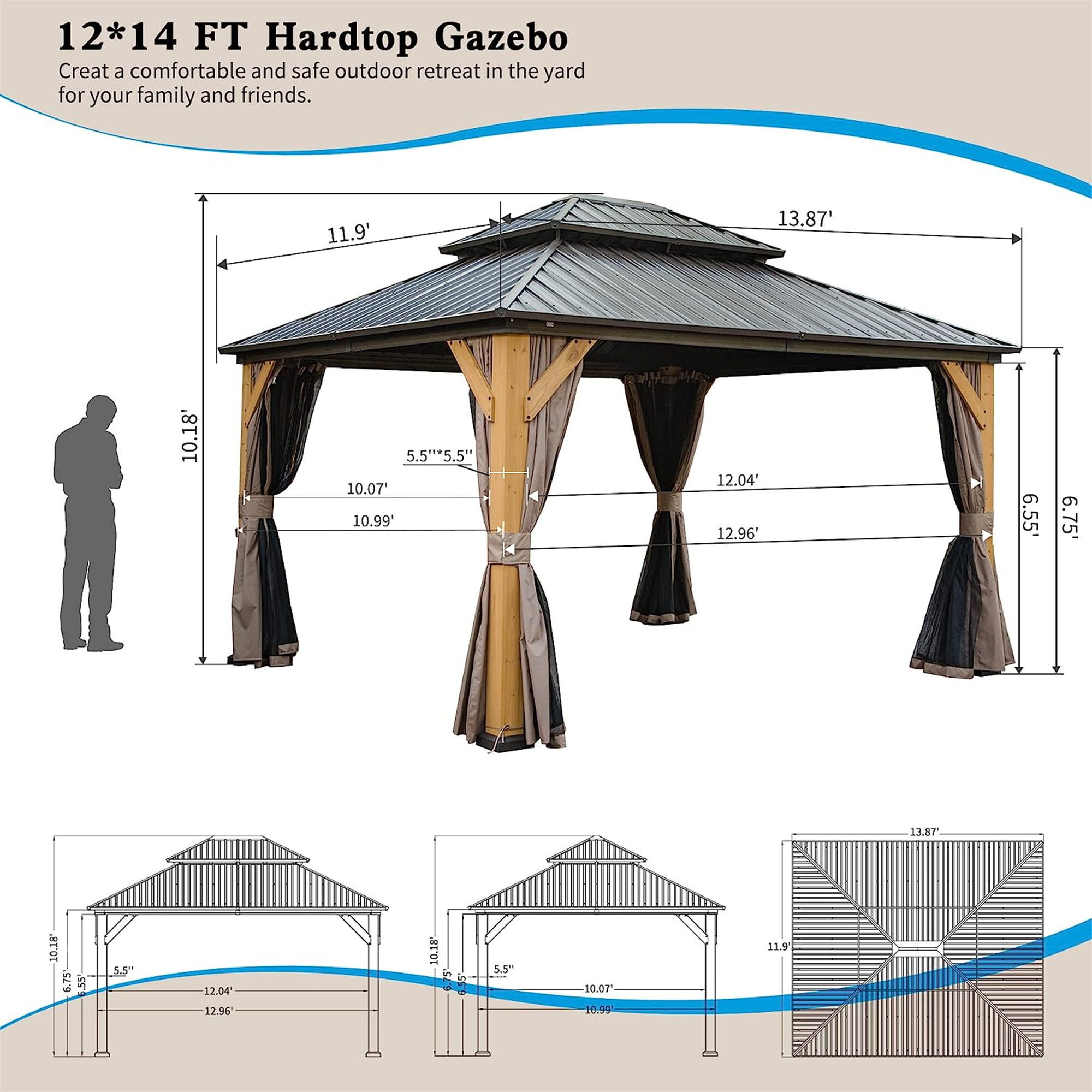 Mondawe Outdoor 12x14 ft Wood Grain Aluminum Frame Gazebo with Curtains and Netting Permanent Galvanized Steel Hardtop Roof Pavilion Canopy for Patio, Backyard, Deck