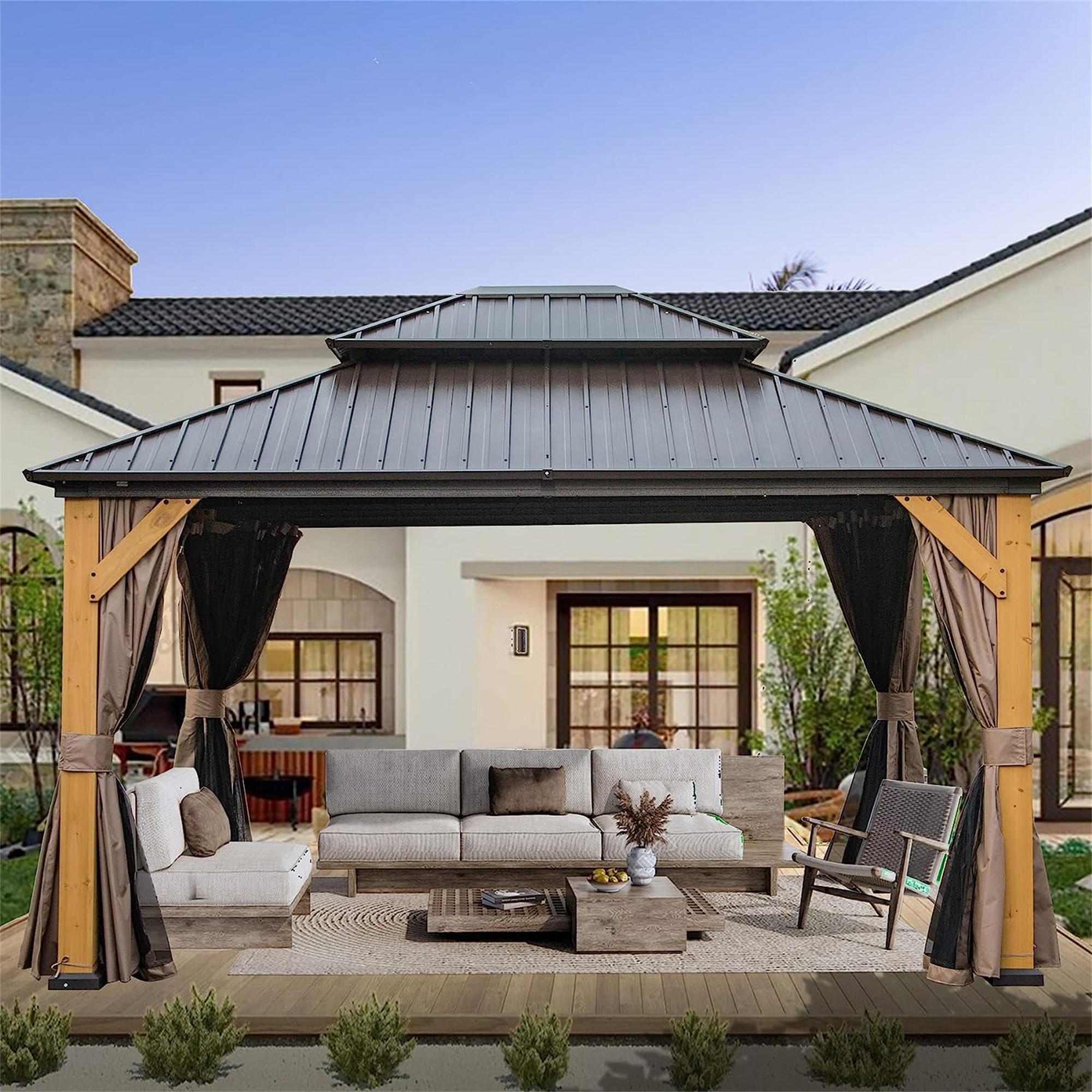 Mondawe Outdoor 12x14 ft Wood Grain Aluminum Frame Gazebo with Curtains and Netting Permanent Galvanized Steel Hardtop Roof Pavilion Canopy for Patio, Backyard, Deck