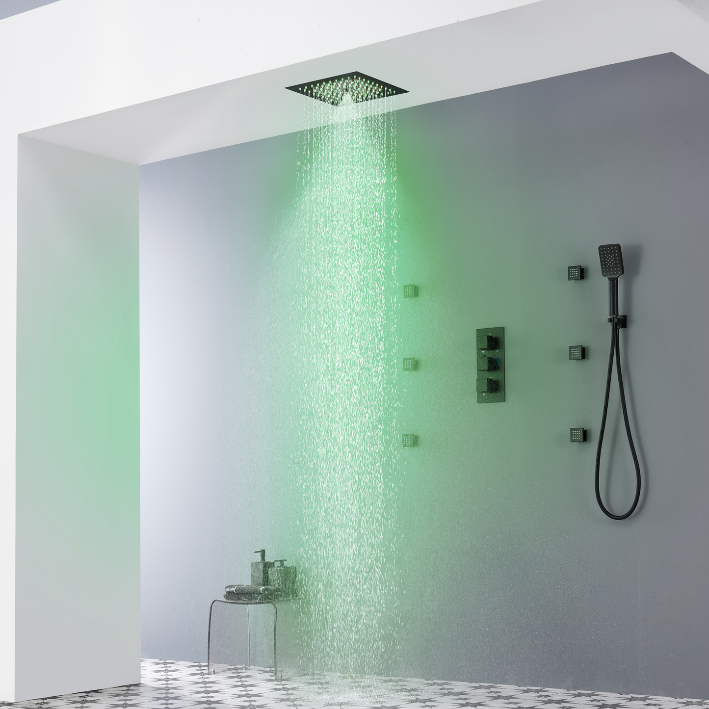 Mondawe Luxury Thermostatic LED 4-Spray Patterns 12 in. Flush Ceiling Mount Rainfall Dual Shower Heads-Mondawe