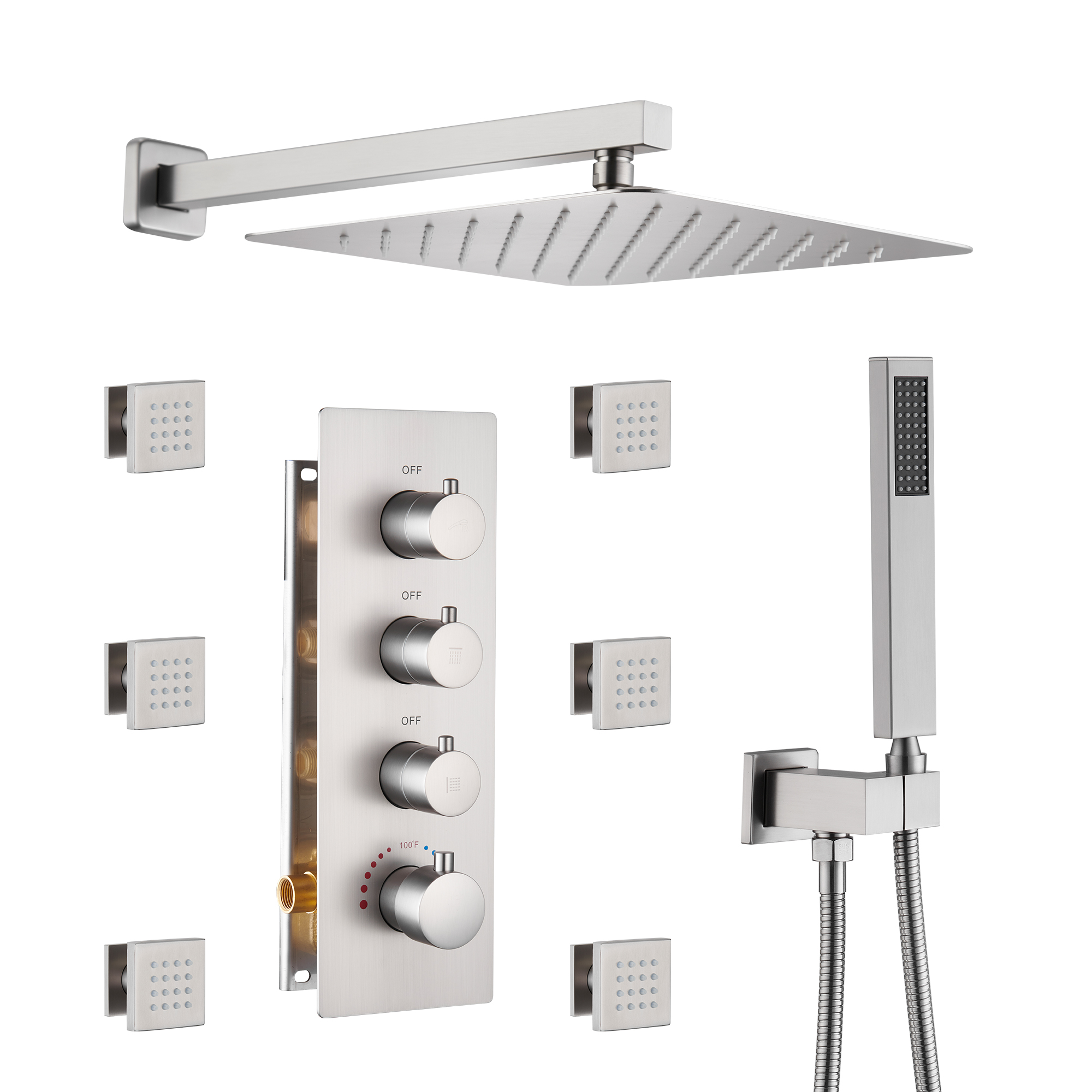 BN-Luxury 3-Spray Patterns Thermostatic 12 in. Wall Mount Rainfall Dual Shower Heads with 6-Body Spray-Mondawe