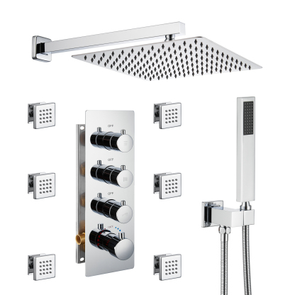 CH-Luxury 3-Spray Patterns Thermostatic 12 in. Wall Mount Rainfall Dual Shower Heads with 6-Body Spray-Mondawe