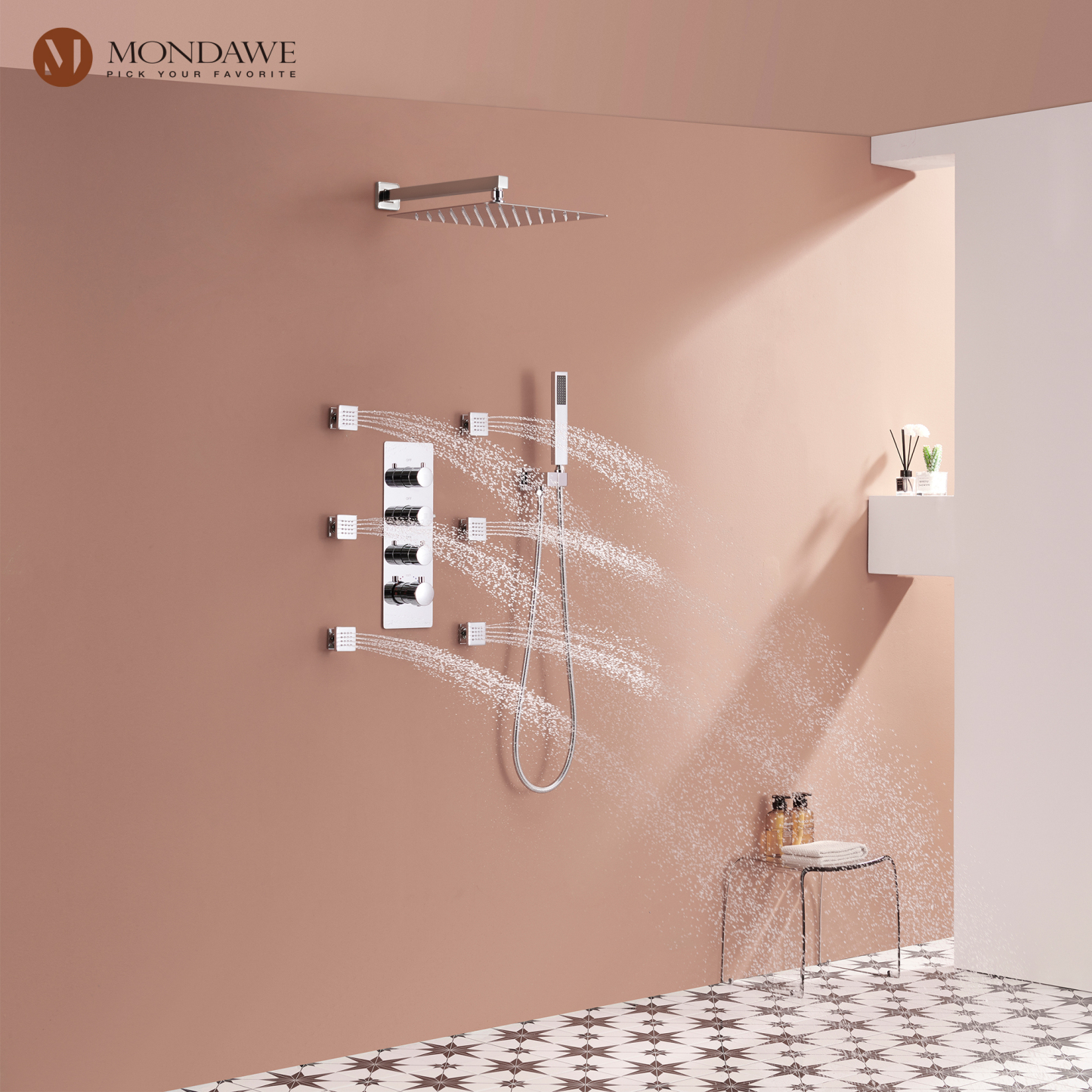 Luxury 3-Spray Patterns Thermostatic 12 in. Wall Mount Rainfall Dual Shower Heads with 6-Body Spray-Mondawe