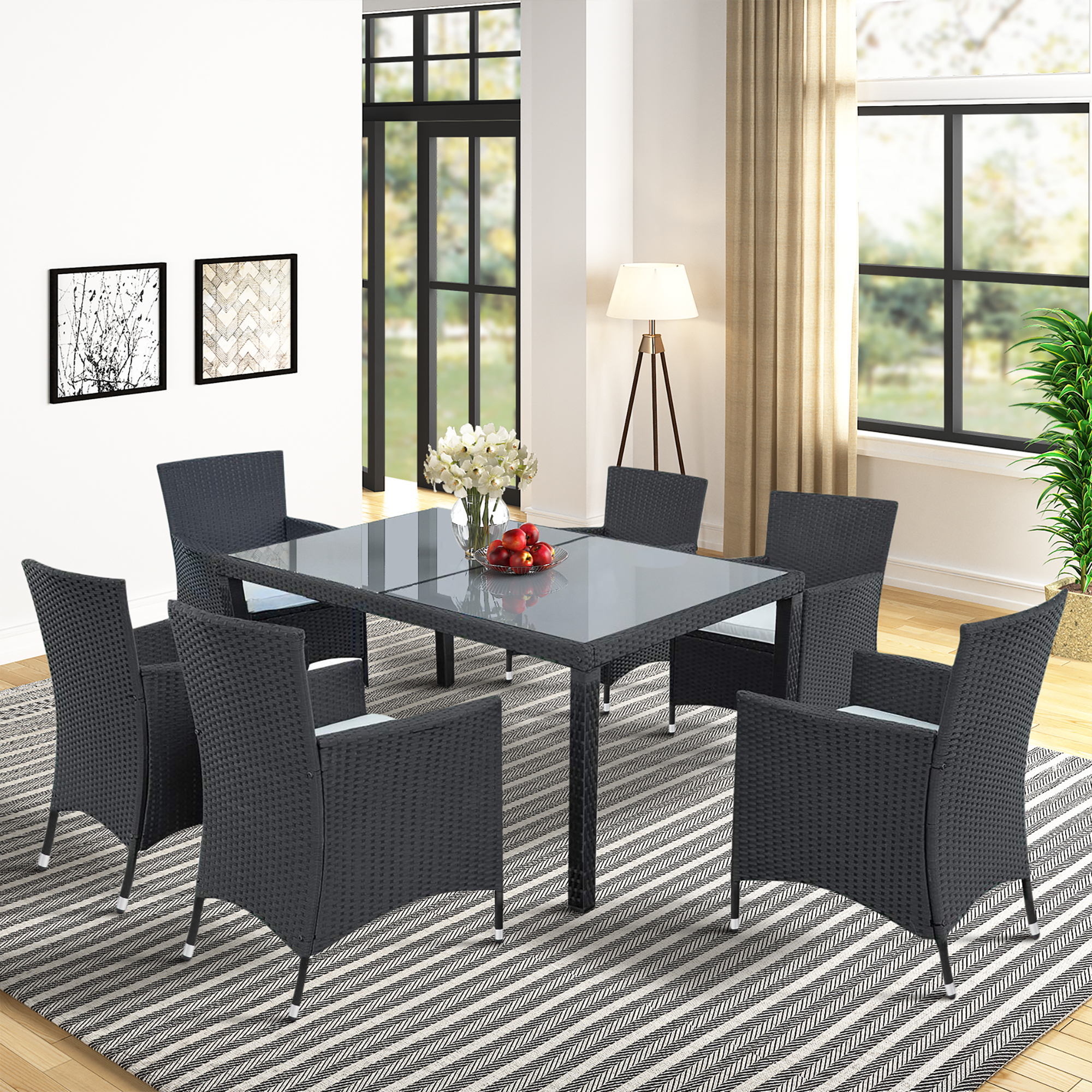 Mondawe 7 Pcs Outdoor Wicker Dining set Dining table set for 7 - Patio Rattan Furniture Set with Beige Cushion (Black)-Mondawe
