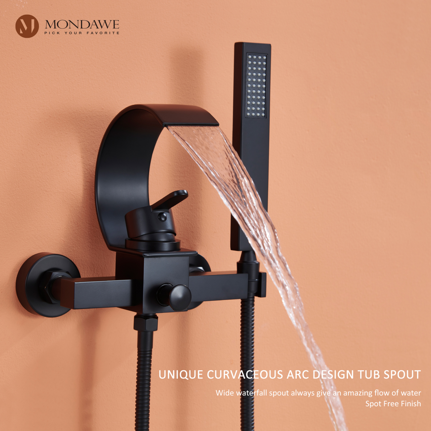 Mondawe Single Handle Shower Tub Kit with Waterfall Tub Spout and Handheld Shower Faucet, Wall Mounted-Mondawe