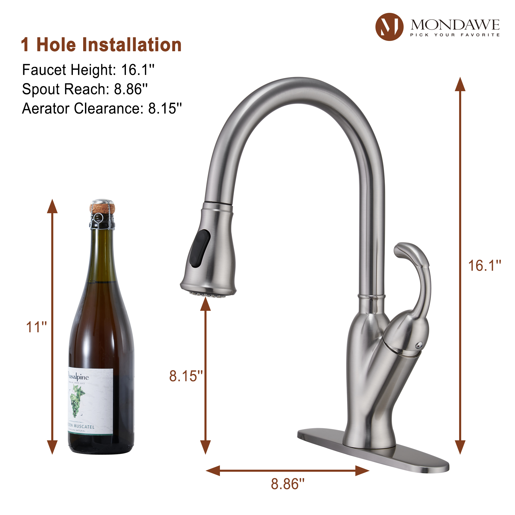 Mondawe Dual Function Mid Arc Pull Down Single Handle Deck Mount Kitchen Faucet (MatteBlack/BrushedNickel)-Mondawe