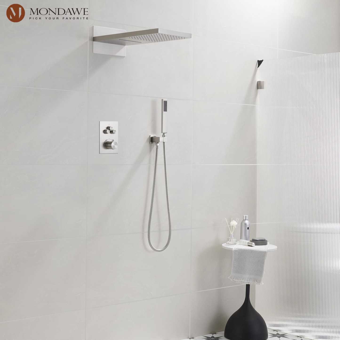 Mondawe 2 Functions Wall Mount Luxury Thermostatic Complete Shower System (Rough-In Valve Included) in Nickel/Black-Mondawe