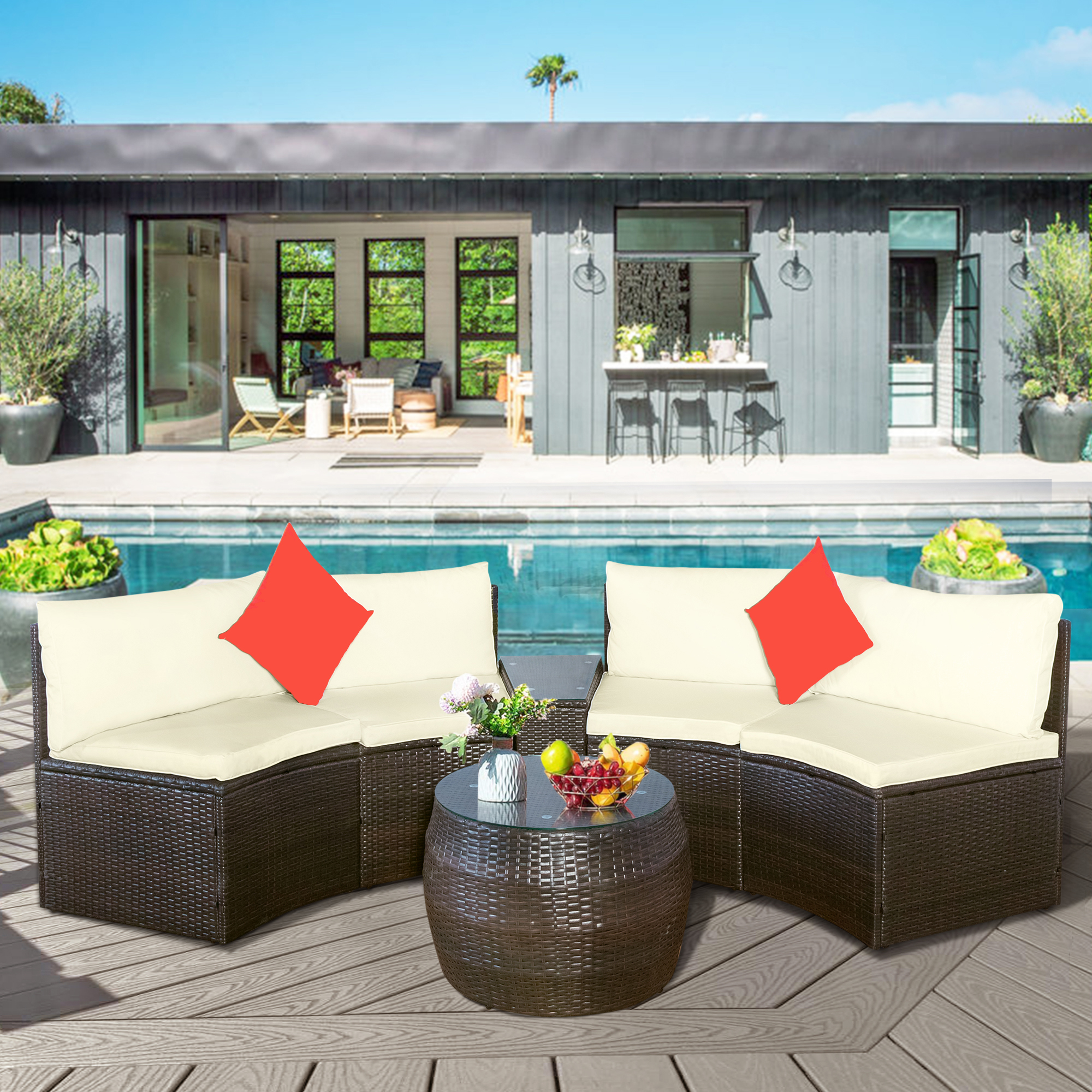 Mondawe 4 Pcs Patio Furniture Sets Outdoor Half-Moon Sectional Furniture Wicker Sofa Set with Two Pillows and Coffee Table Beige Cushions+Brown Wicker-Mondawe