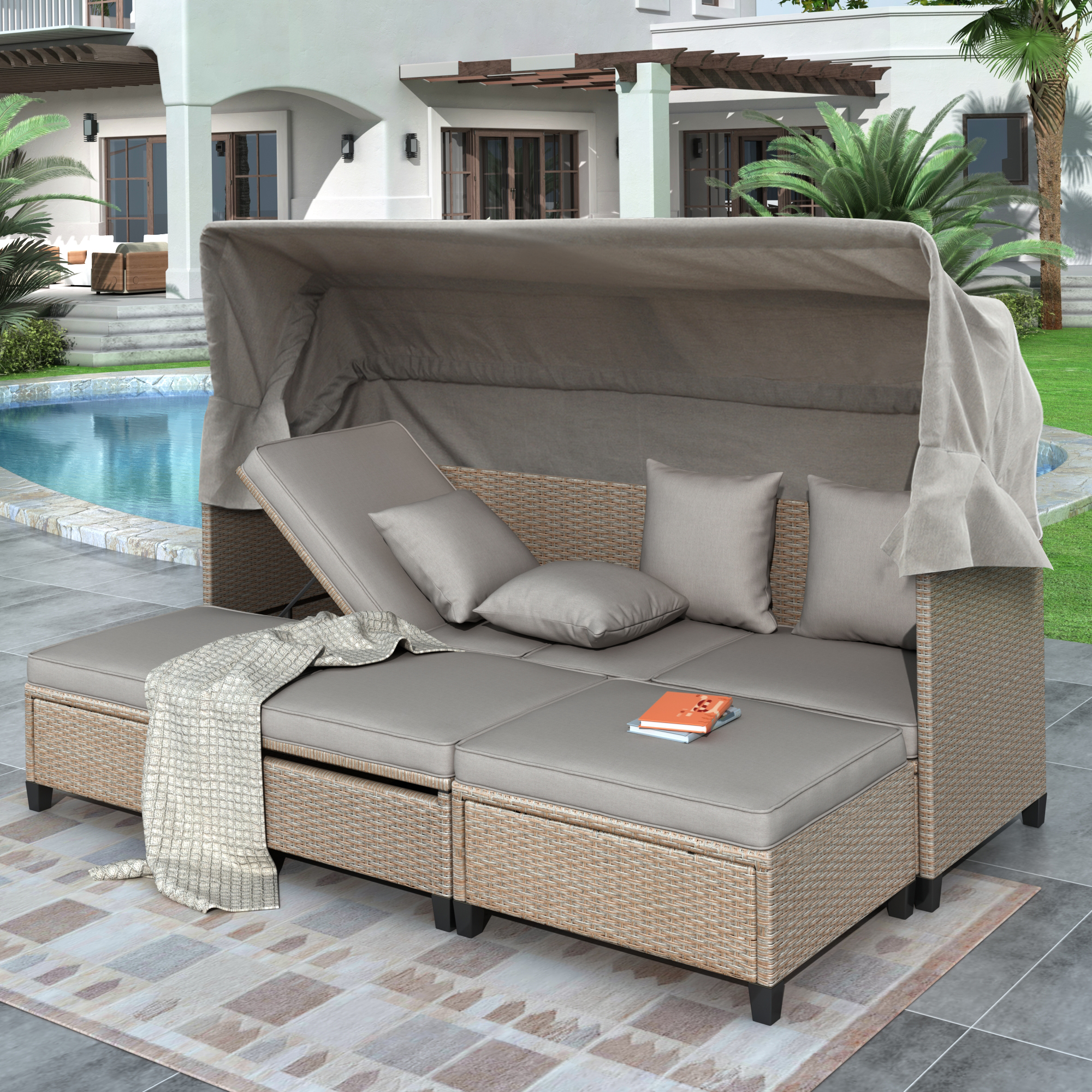 Mondawe 4 Pcs UV-Resistant Resin Wicker Patio Sofa Set with Retractable Canopy Cushions Lifting Table （Brown）-Mondawe