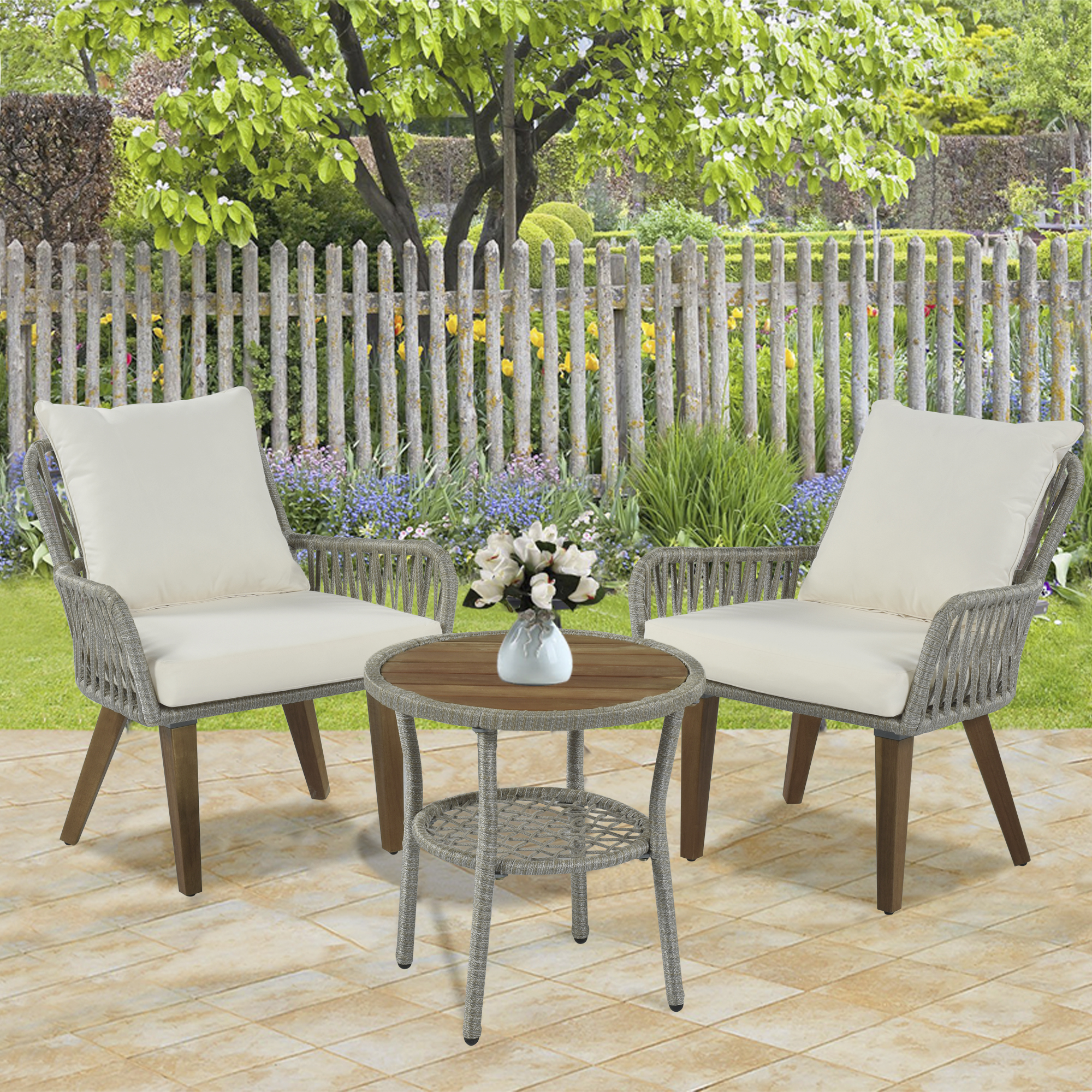 Mondawe Patio 3-Piece Bistro Set Woven-Rope Conversation Set with Wood Tabletop and Cushions for Balcony Gray Rope+Beige Fabric-Mondawe
