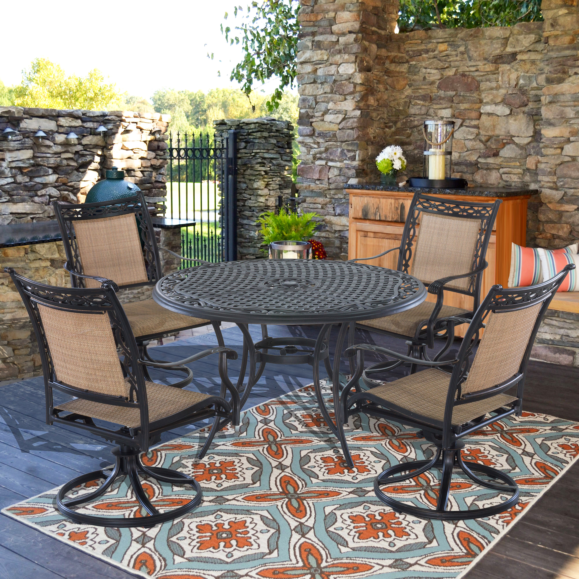 Mondawe 5-Piece Outdoor Patio Cast Aluminum Swivel Chair Set with Round Table(Brown)-Mondawe