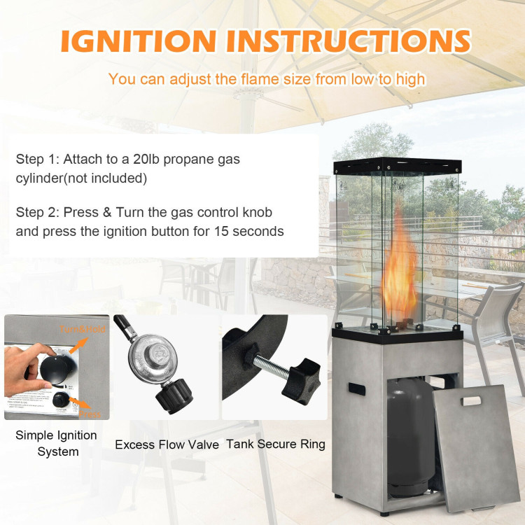 41,000 BTU Liquid Propane Outdoor Patio Heater With Windproof Glass Top  Terrafab Base 360-Degree Fire View Easy To Move