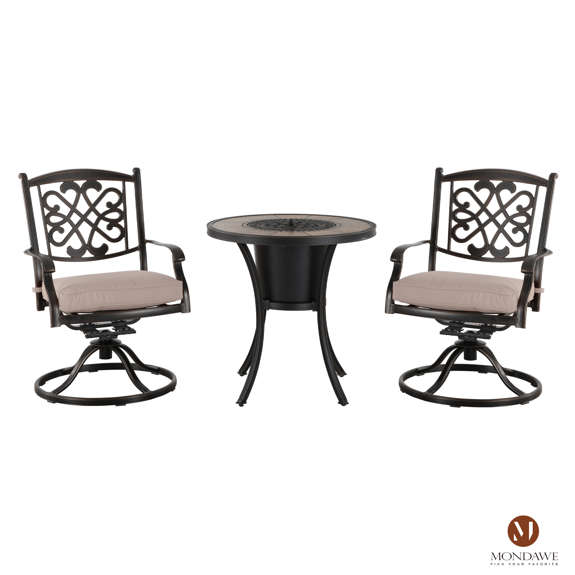 3-Piece Cast Aluminum Outdoor Bistro Set with Orange Cushions & Ceramic Tile Top Table with Ice Bucket-Mondawe