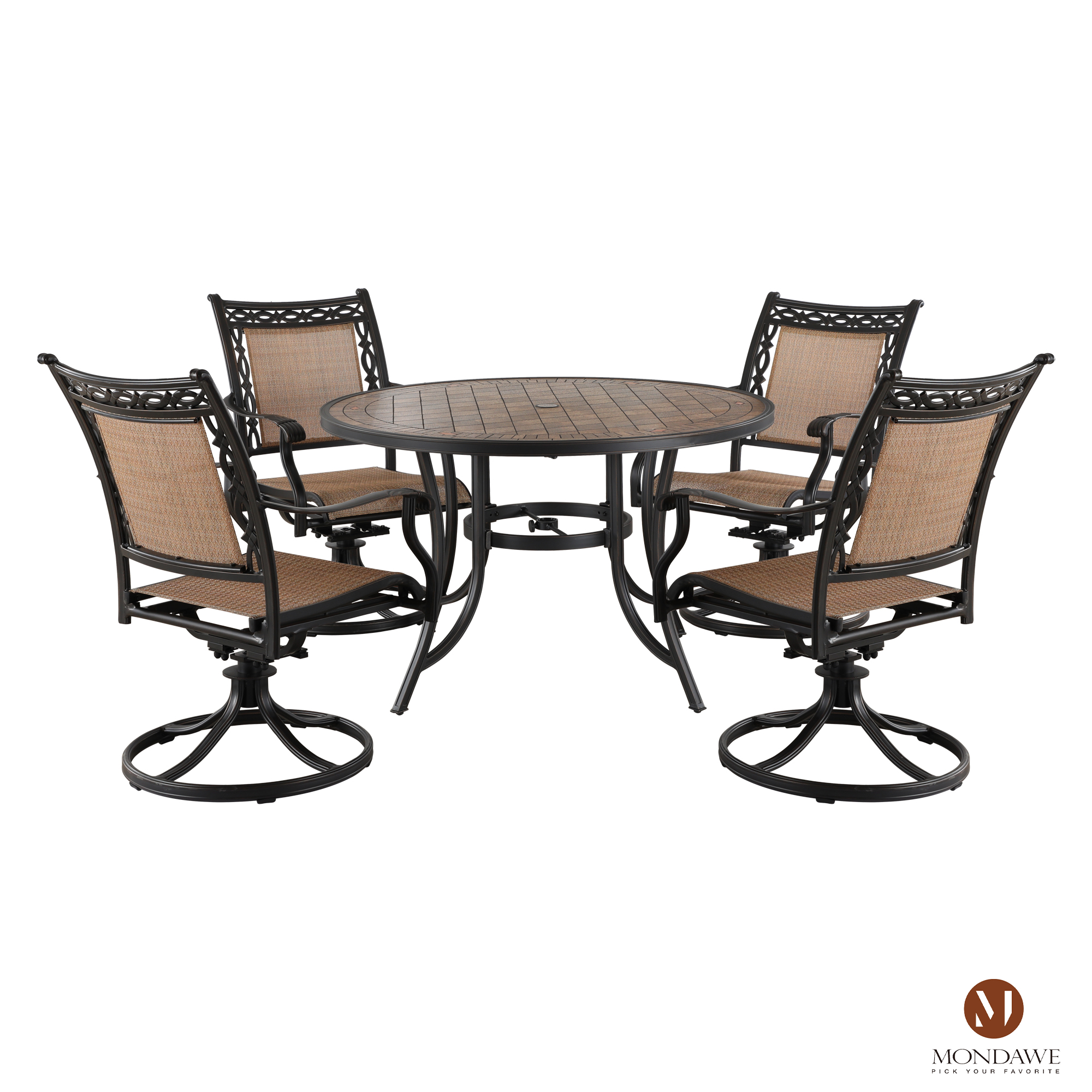 Classic 5-Piece Cast Aluminum Outdoor Dining Set with Swivel Sling Chairs & Ceramic Tile Top Table-Mondawe
