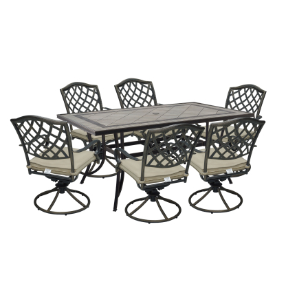 Mondawe 7 Piece Outdoor Retro Dining Set with Cushions 6 Piece Swivel Dining Chairs and 1 Porcelain Round Table for Patio Lawn Garden-Mondawe