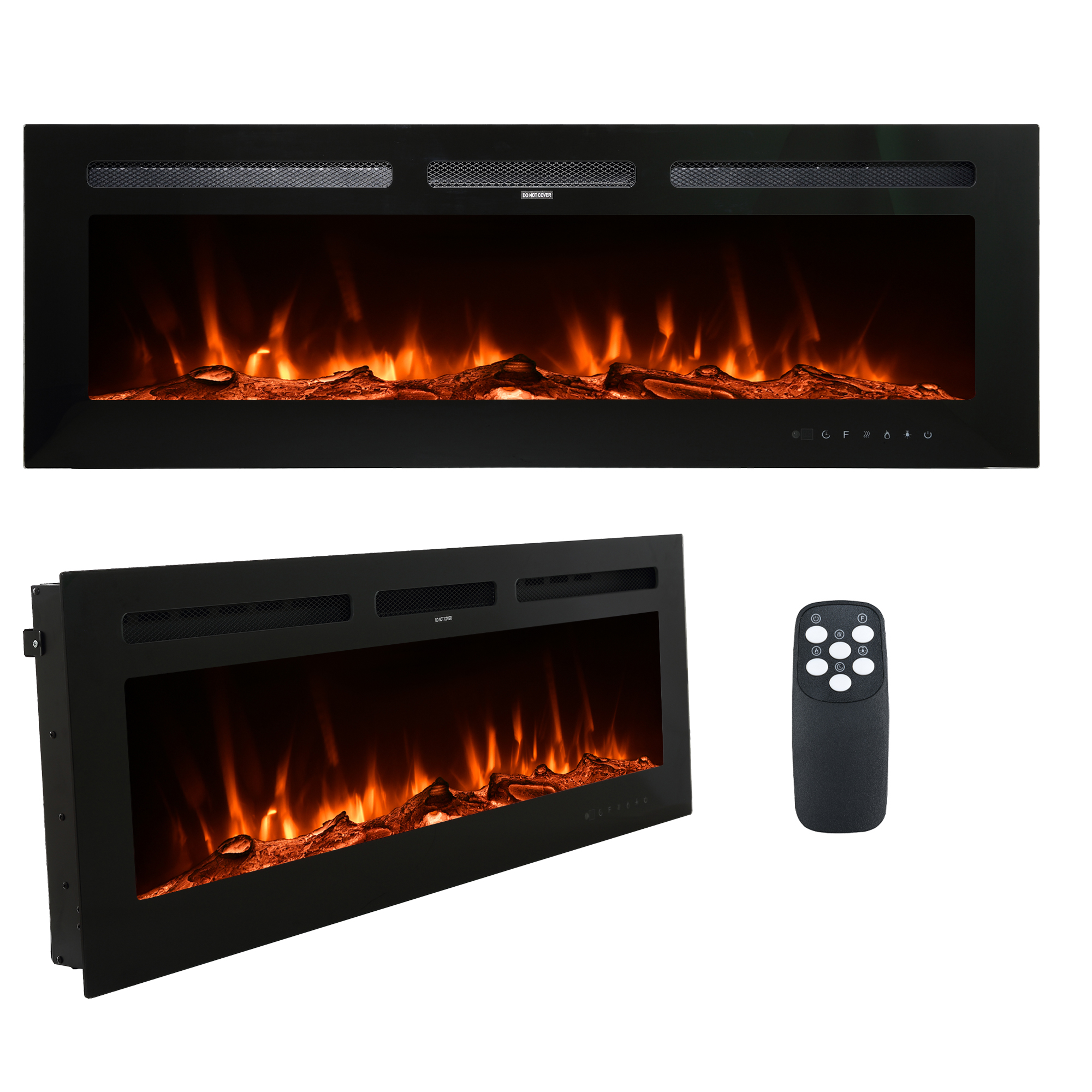 50-in LED Recessed Electric Fireplace with 3 Top Light Colors, Remote Control, Adjustable Heating, and Touch Screen 1500W, Black-Mondawe