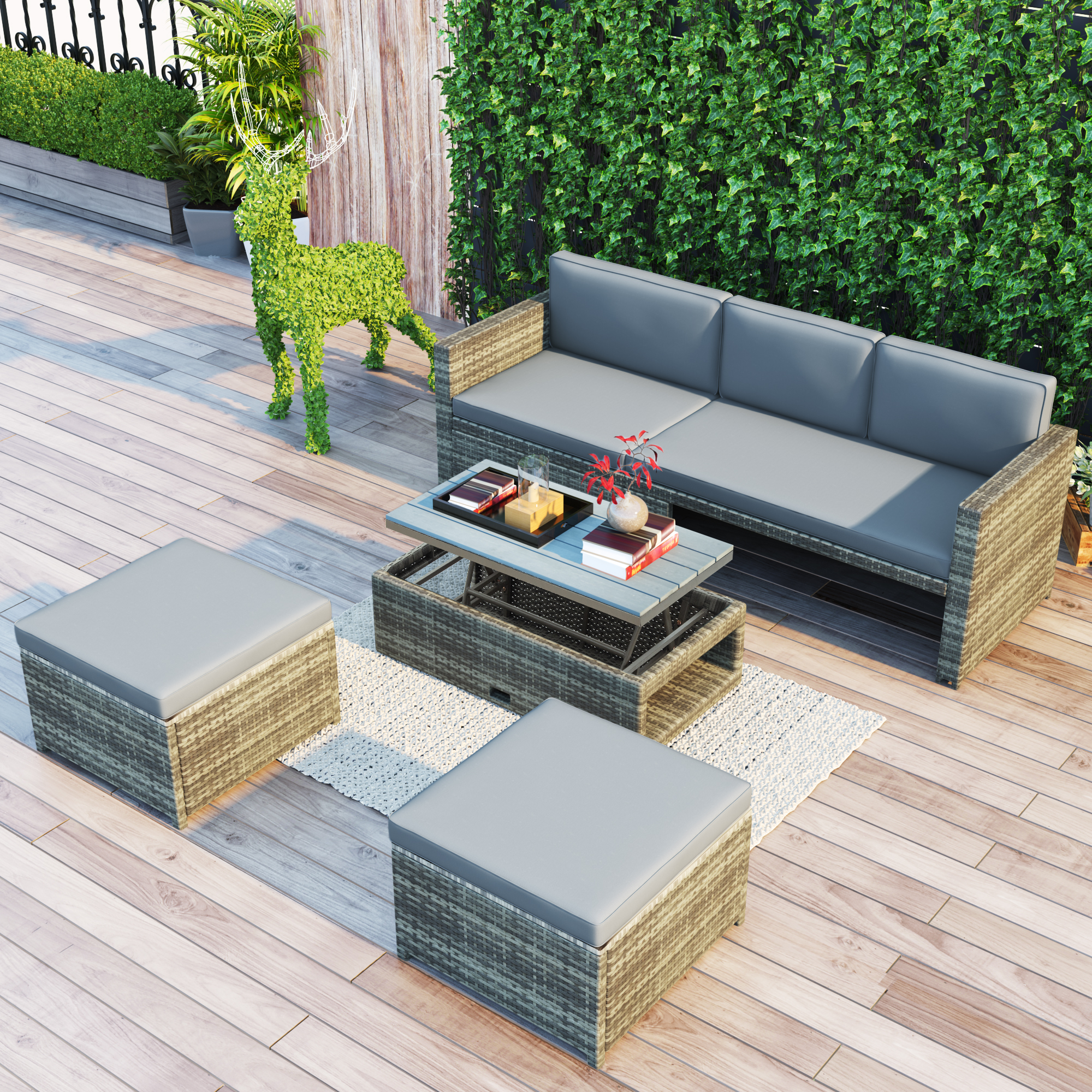 Mondawe 4-piece Outdoor Backyard Patio Rattan Sofa Set All-weather PE Wicker Sectional Furniture Set with Retractable Table Gray-Mondawe