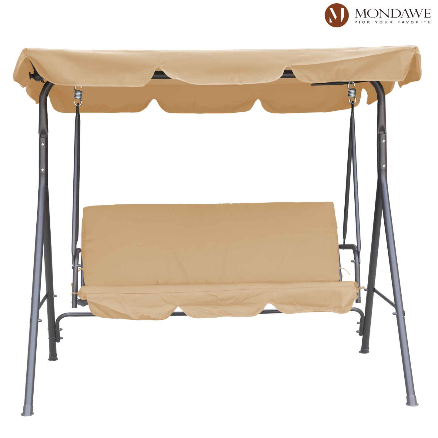 Mondawe Steel 3-Person Outdoor Canopy Swing Patio Swing Chair, Porch Swing with Removable Cushion and Convertible Canopy (Khaki/Brown)-Mondawe