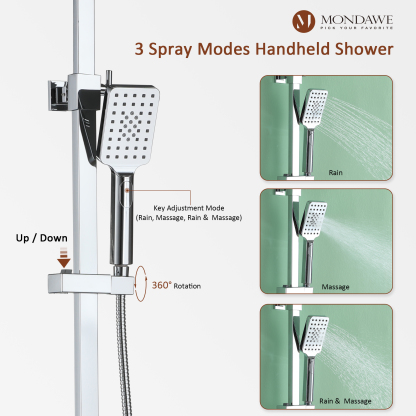 Mondawe Stainless Steel Thermostatic Shower Bar System in Black/Chrome(Square)-Mondawe