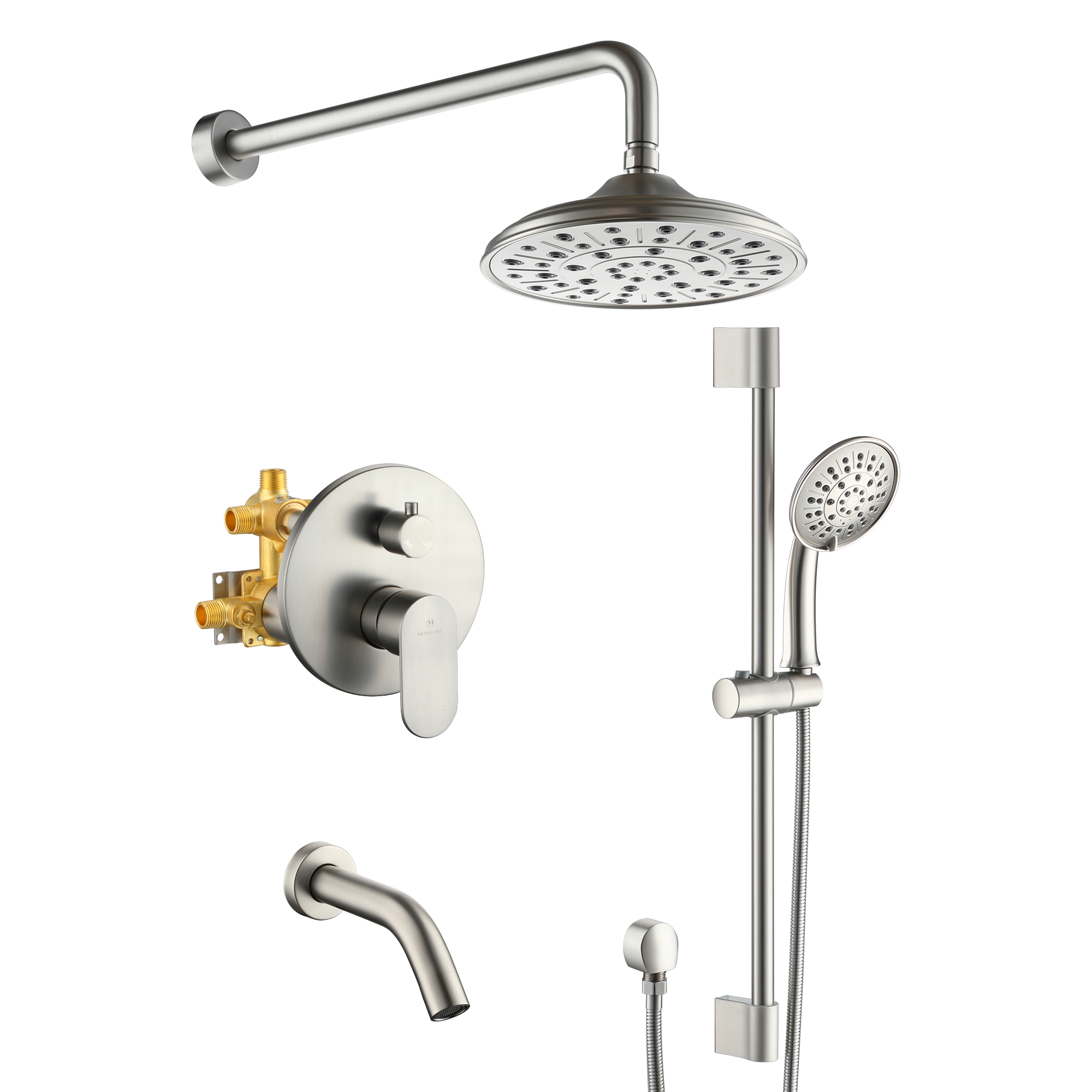 Mondawe Retro Series 3-Spray Patterns with 1.8 GPM 8 in. Rain Wall Mount Dual Shower Heads with Handheld and Spout in Brushed Nickel/ Black/ Bronze/ Gold-Mondawe