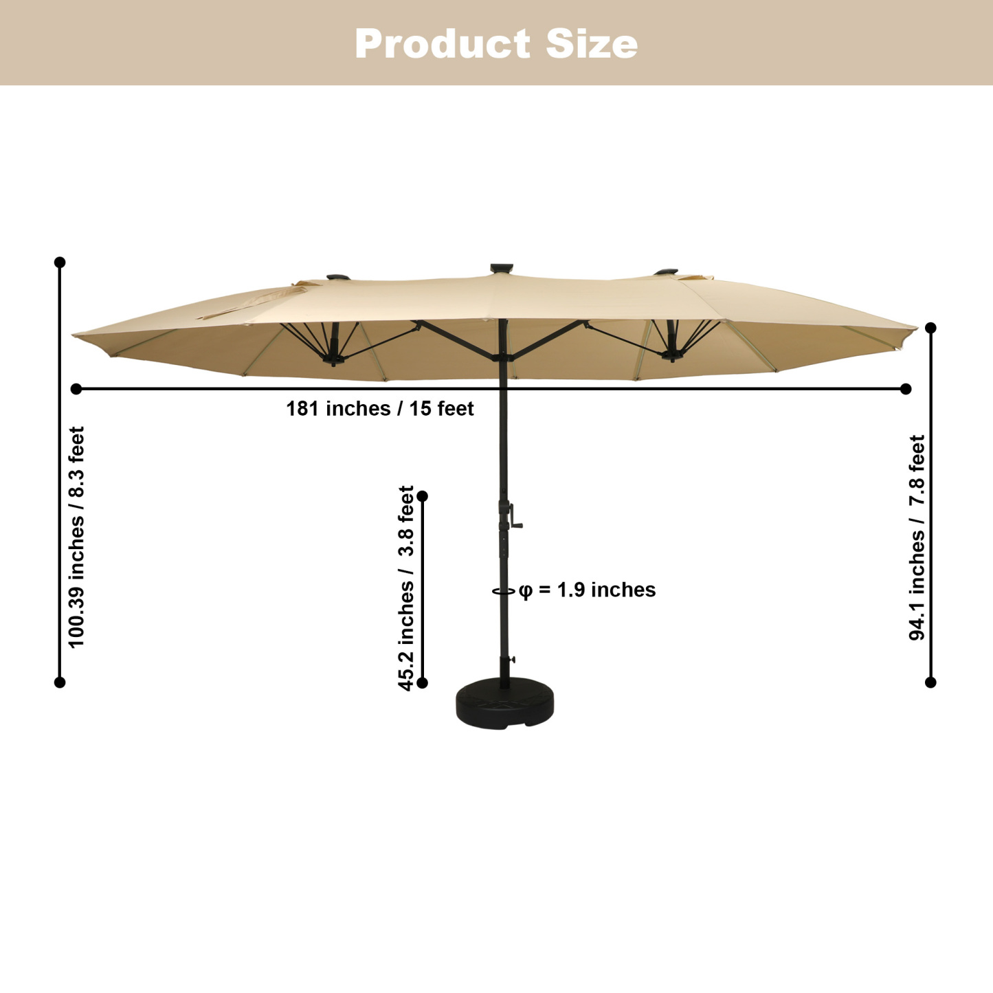 Mondawe 15ft Rectangular Dual-Sided Patio Umbrella with LED Lights and Base