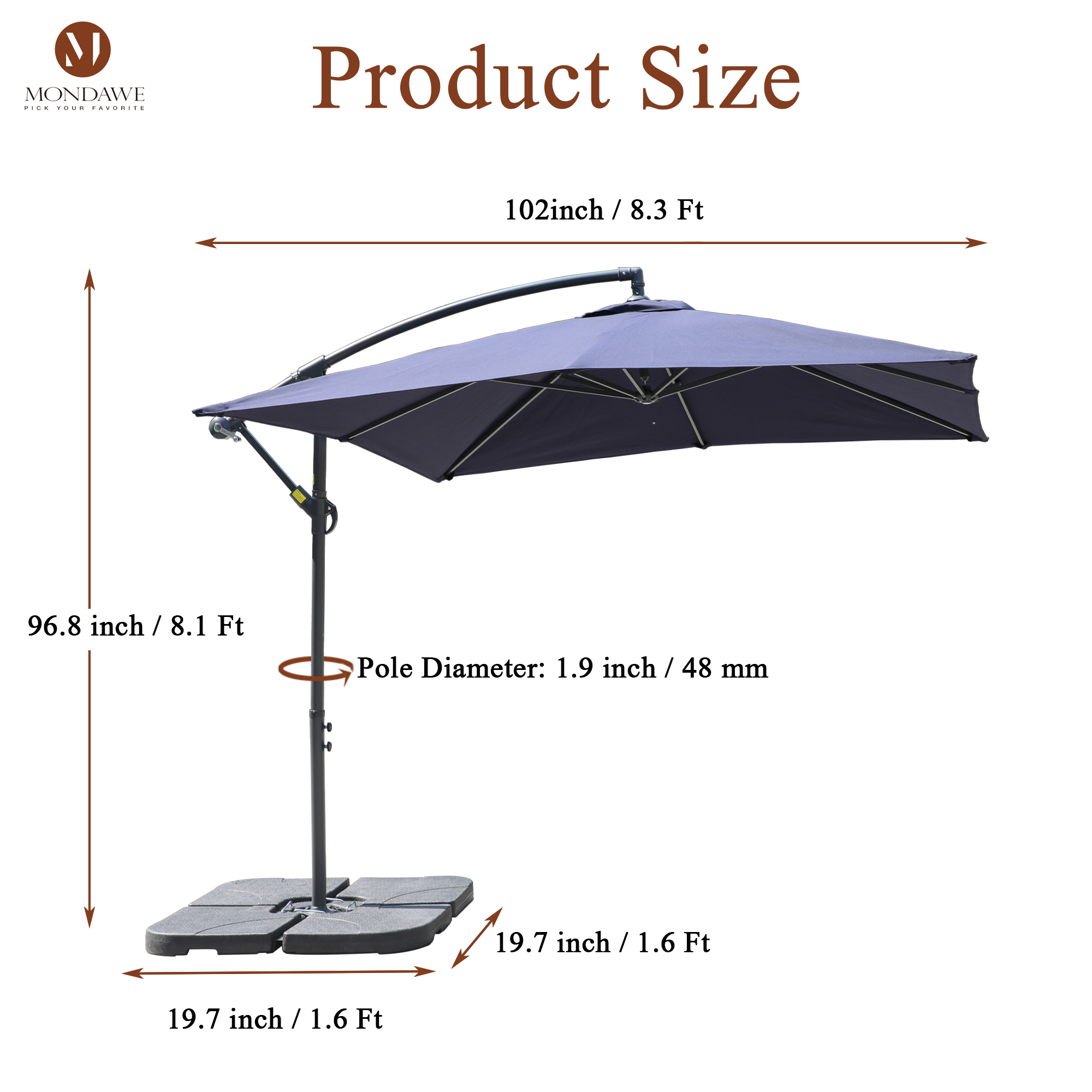 Mondawe 8.5Ft Square Outdoor Market Cantilever Patio Umbrella with Push Button Tilt and Base-Mondawe