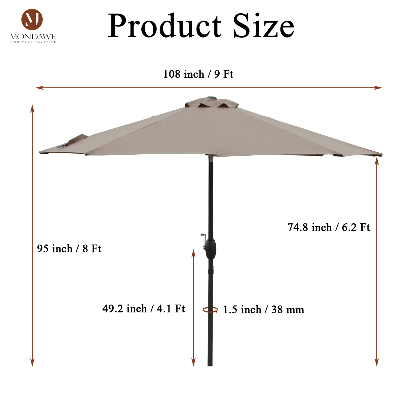 Mondawe 9ft Patio Umbrella Outdoor Umbrella Patio Market Umbrella with Push Button Tilt and Crank-Mondawe