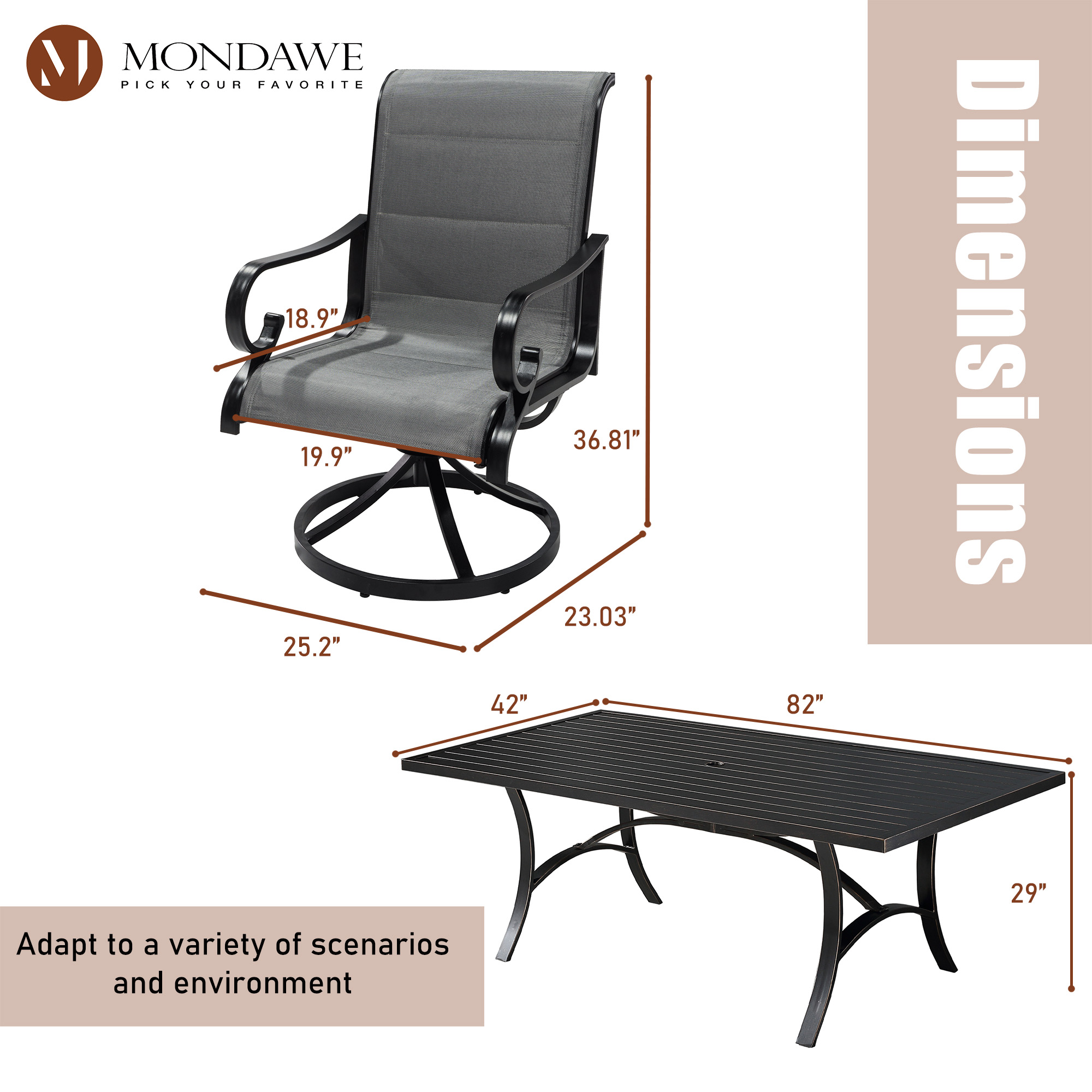 Mondawe 5-Piece Mondawe Outdoor Textilene Aluminum Swivel Chair Dining Set and Rectangular Table-Mondawe