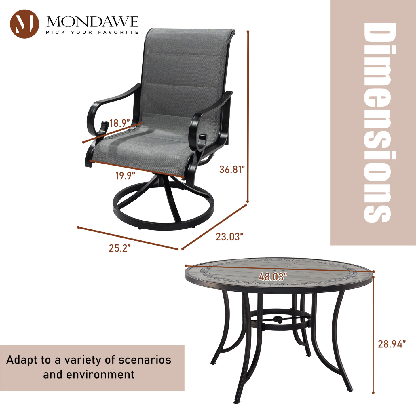 Mondawe 5-Piece Mondawe Outdoor Textilene Aluminum Swivel Chair Dining Set and Round Table-Mondawe