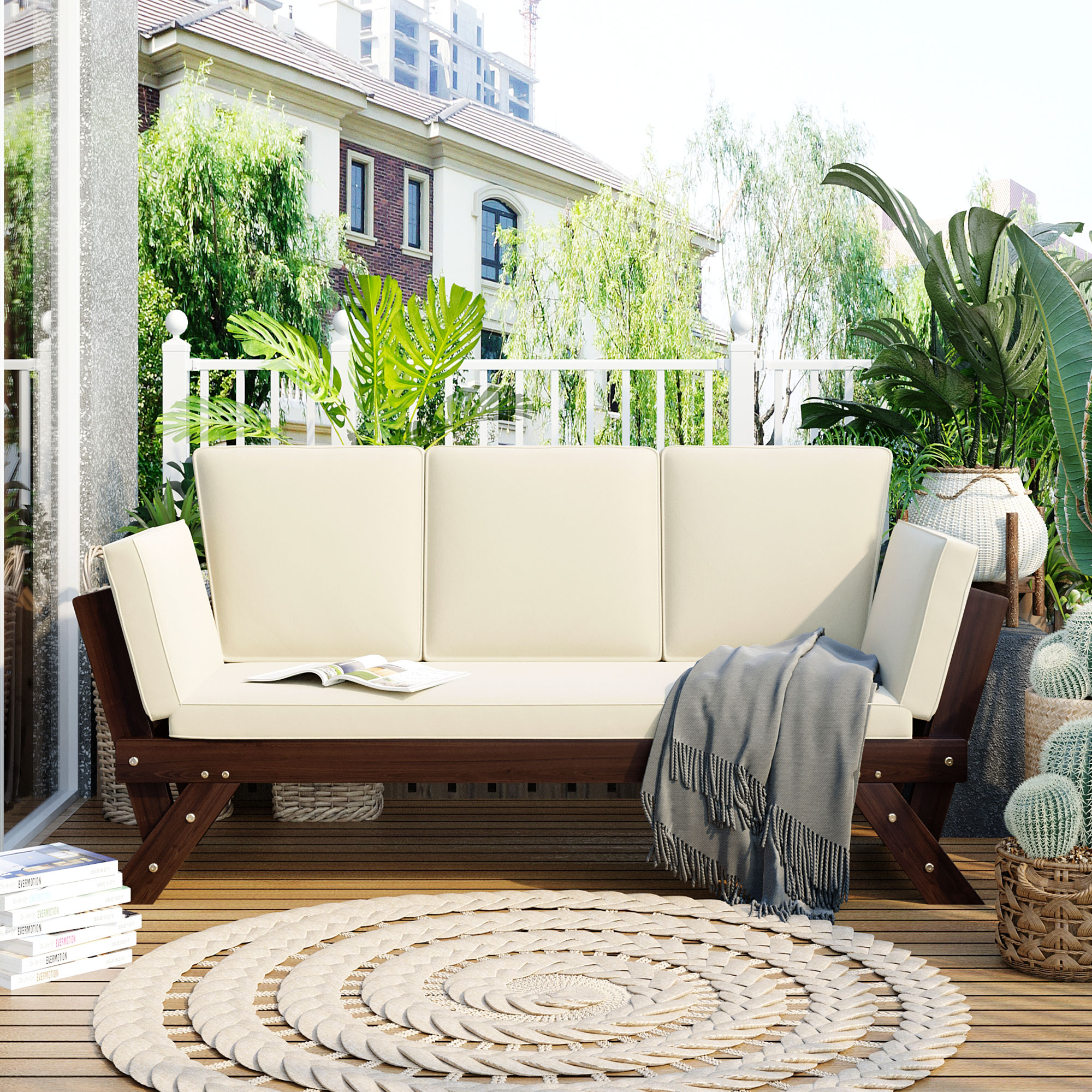 Mondawe Outdoor Adjustable Patio Wooden Daybed Sofa Chaise Lounge with Cushions for Small Places, Brown Finish+Beige Cushion-Mondawe