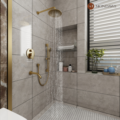 Mondawe Retro Series 3-Spray Patterns with 1.8 GPM 9 in. Rain Wall Mount Dual Shower Heads with Handheld and Spout in Brushed Nickel/ Black/ Bronze/Brushed Gold-Mondawe