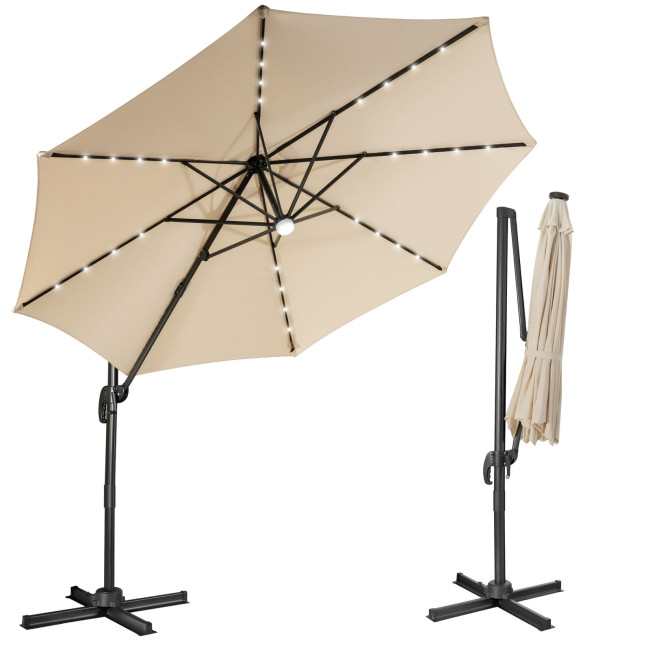 10 Ft Cantilever Solar Umbrella 28LED Lighted Patio Offset Tilt 360° for Garden-Mondawe