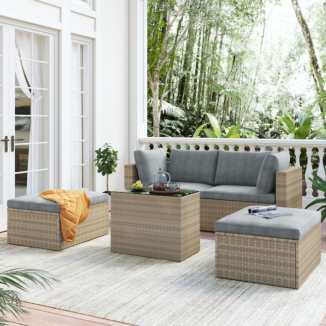 Mondawe 5 Pcs Rattan Outdoor Patio Furniture Set Bar Dining Table Set with 4 Stools Brown Cushion+Brown Wicker-Mondawe