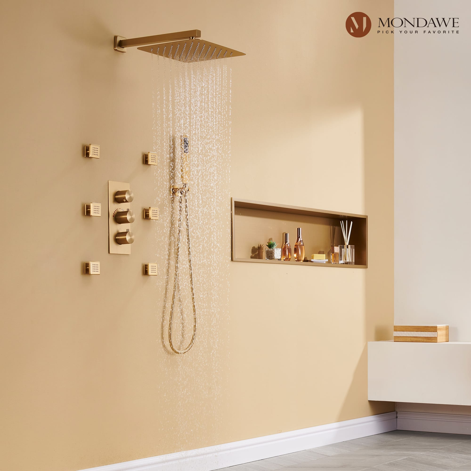 Wall Mount Thermostatic Rain Shower System with Handheld Shower and Wall Body Jets-Mondawe