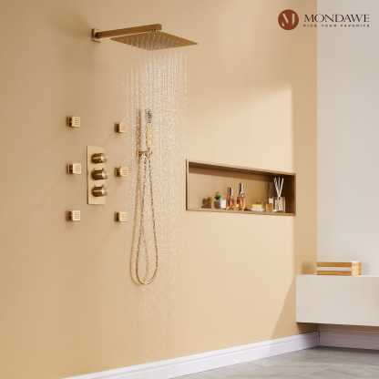 Mondawe Wall Mount Thermostatic Rain Head Shower System with Handheld Shower and Wall Body Jets-Mondawe