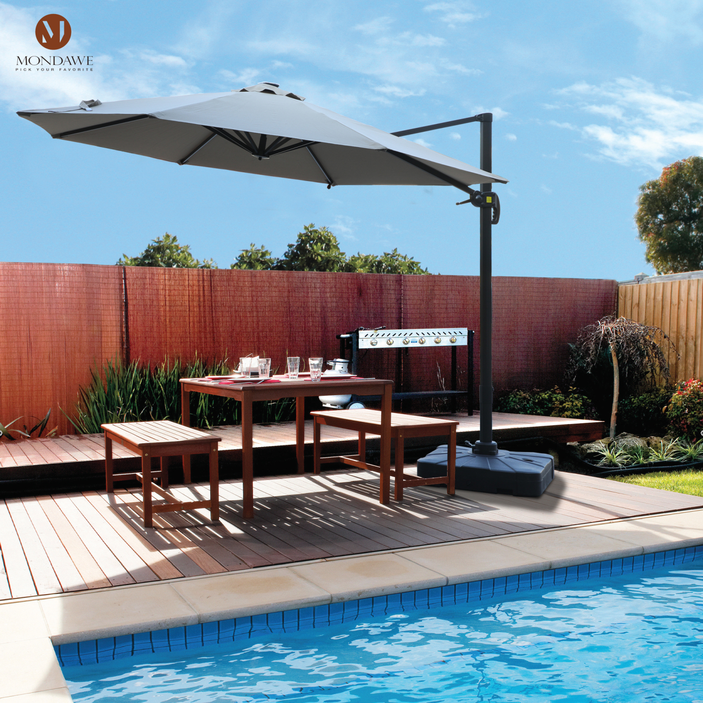 Mondawe 11 ft. Outdoor 360° Rotation Patio Cantilever Umbrella with Led Lights and Base for Garden-Mondawe