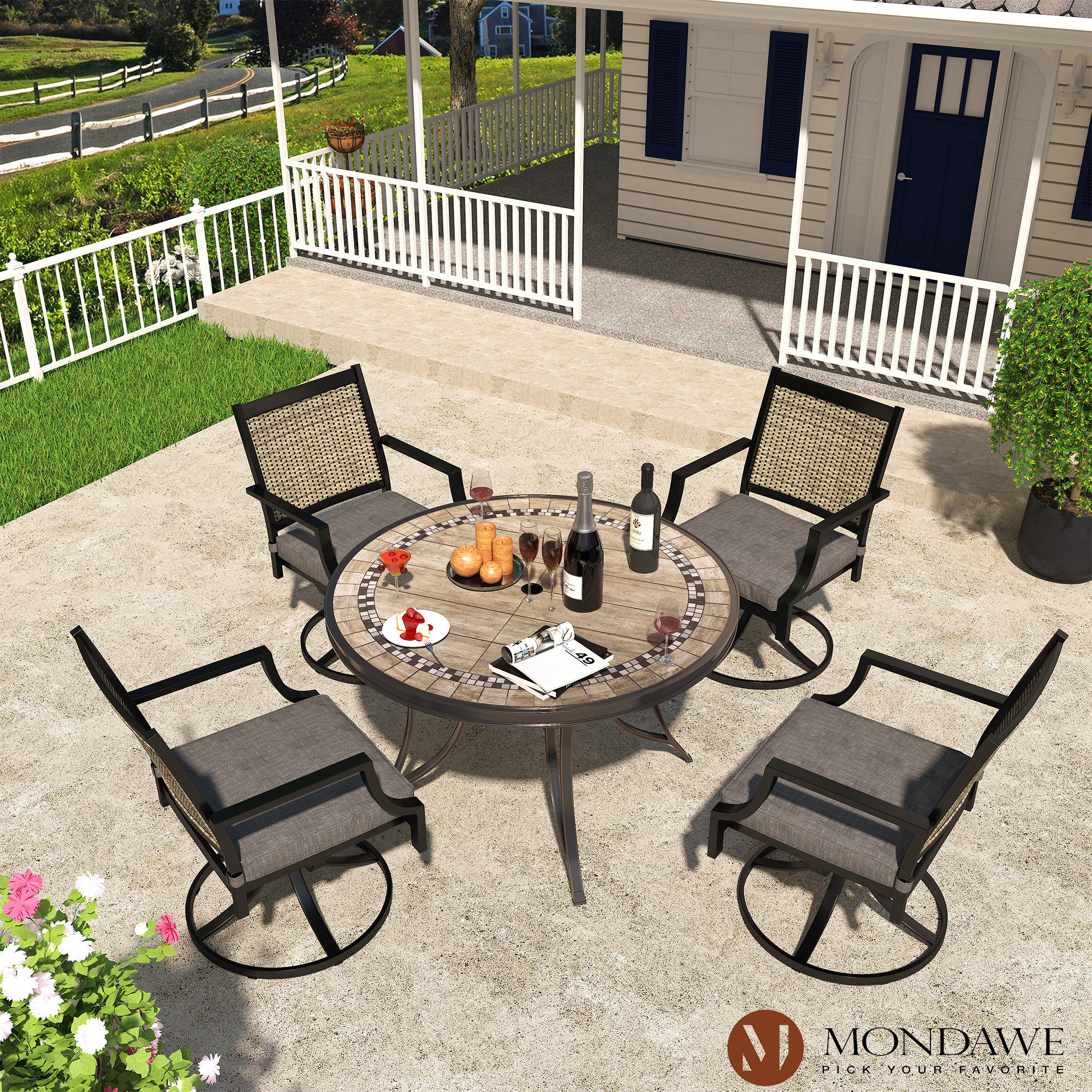 Mondawe 5-Piece Mondawe Outdoor Textilene Aluminum Swivel Chair Dining Set with Cushion and Round Table-Mondawe