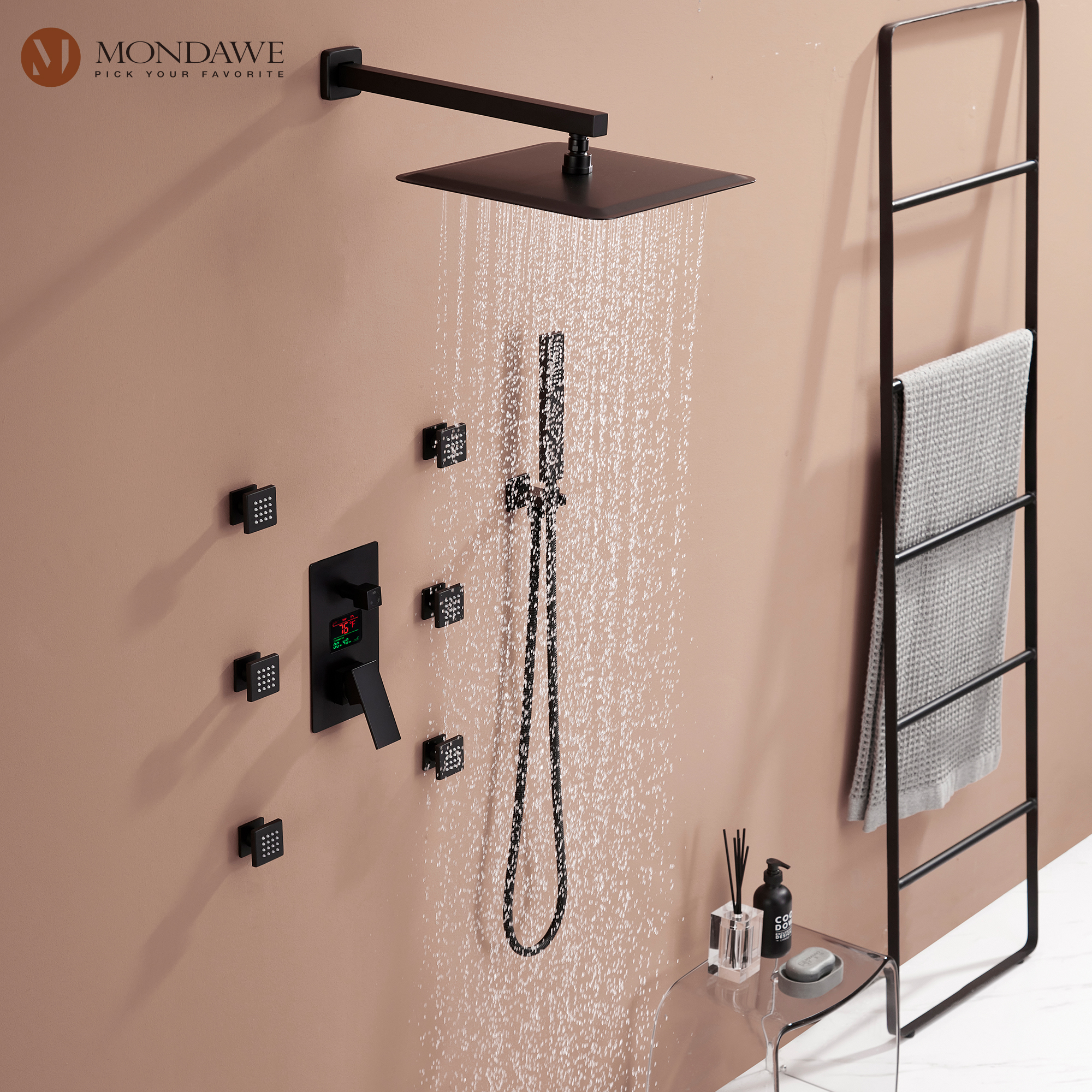 Wall Mount Thermostatic Rain Shower System with Handheld Shower, Wall Body Jets and Digital Display-Mondawe