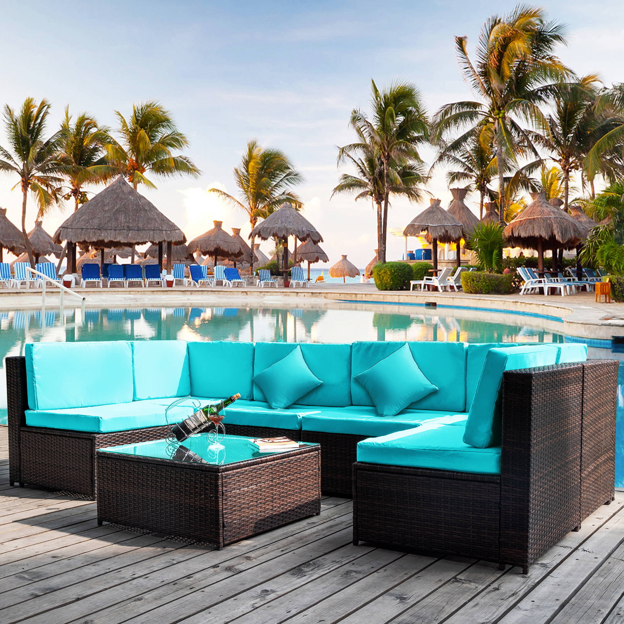 Mondawe 7 Pcs Patio Furniture Set PE Rattan Sectional Garden Furniture Corner Sofa Set Blue-Mondawe