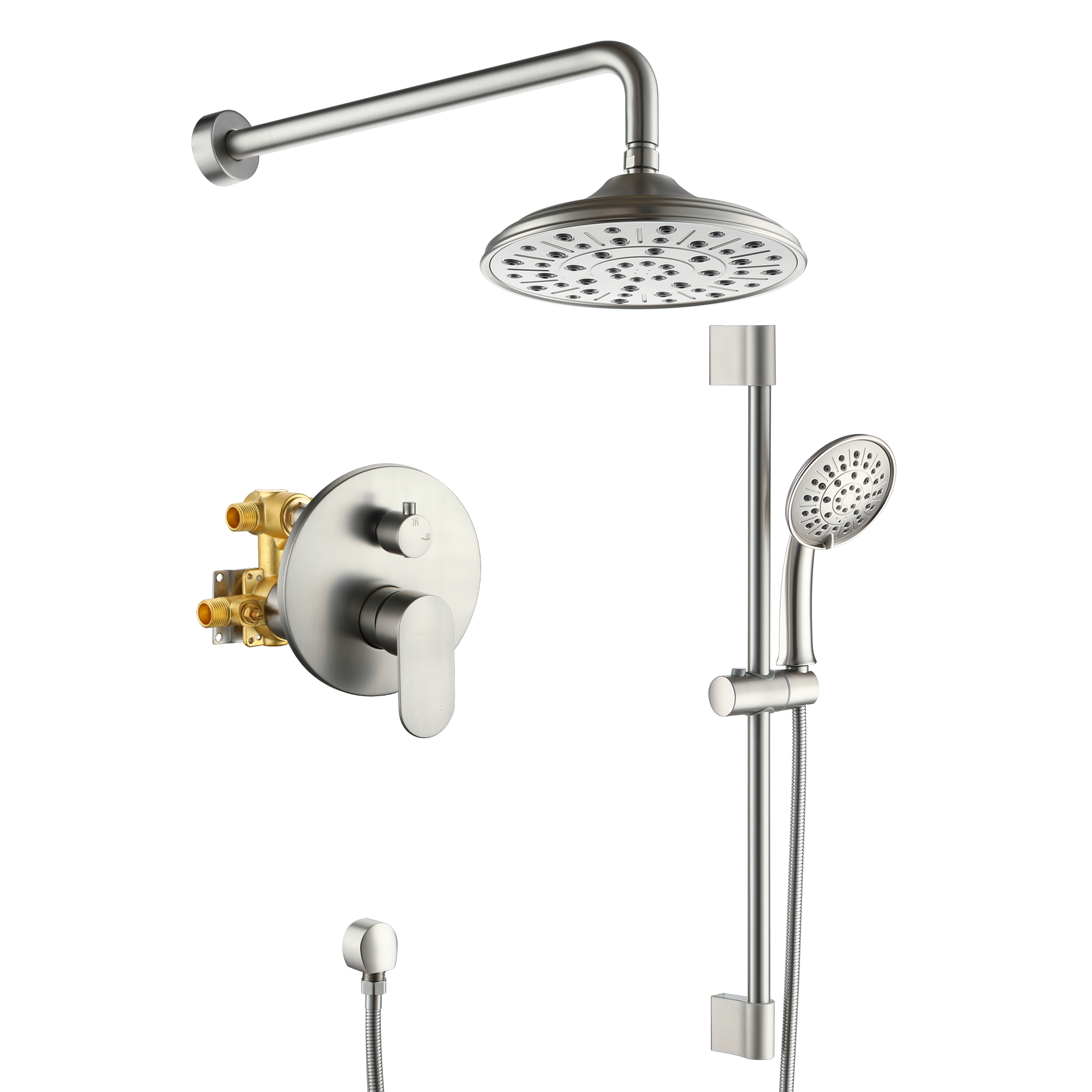 3815-BNMondawe Retro Series 2-Spray Patterns with 1.8 GPM 8 in. Rain Wall Mount Dual Shower Heads with Handheld and Spout in Brushed Nickel/ Black/ Bronze/Brushed Gold-Mondawe