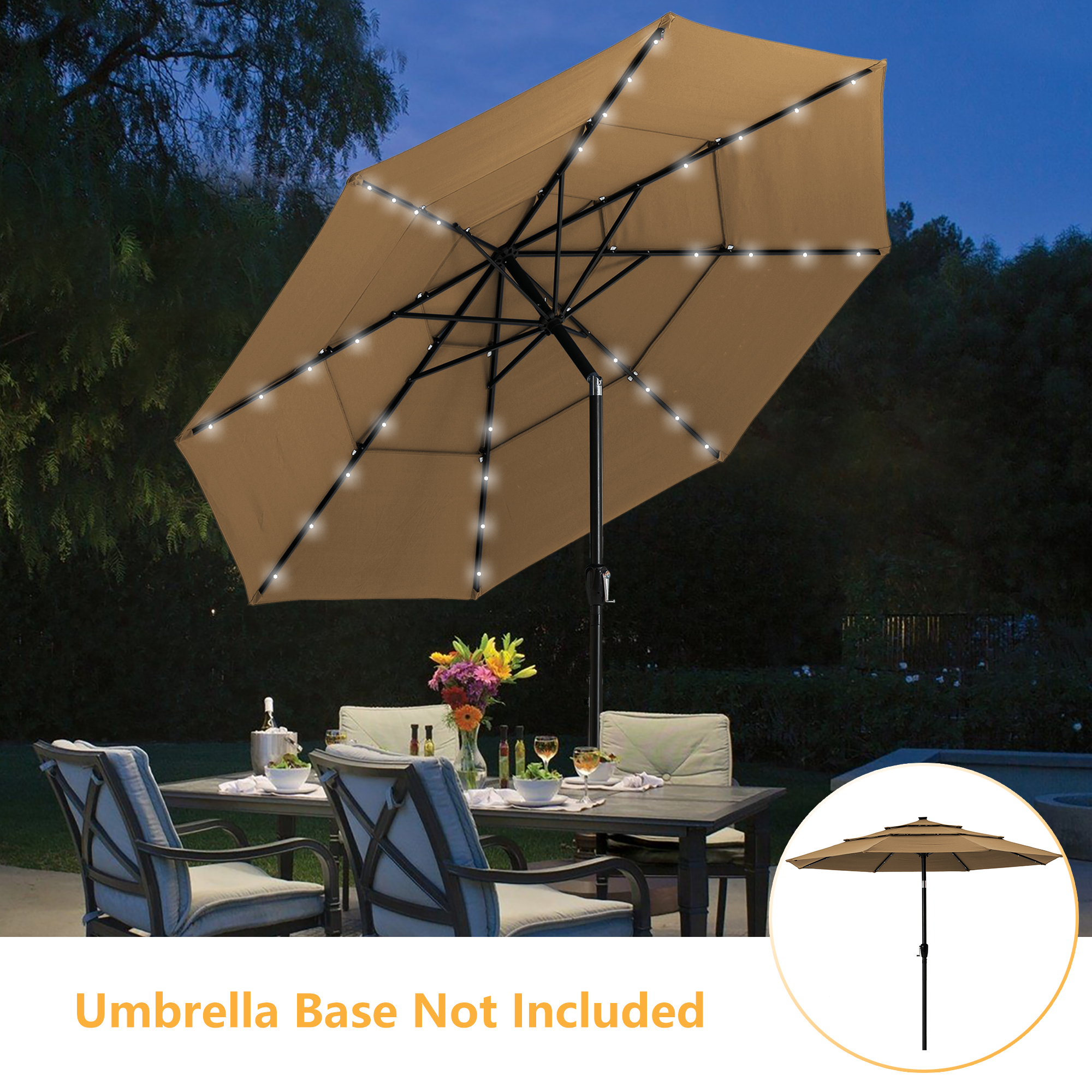 tan umbrella with lights