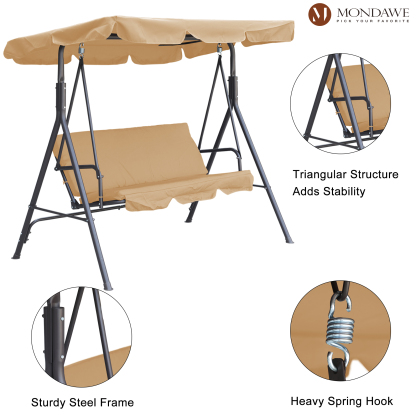 Mondawe Steel 3-Person Outdoor Canopy Swing Patio Swing Chair, Porch Swing with Removable Cushion and Convertible Canopy (Khaki/Brown)-Mondawe