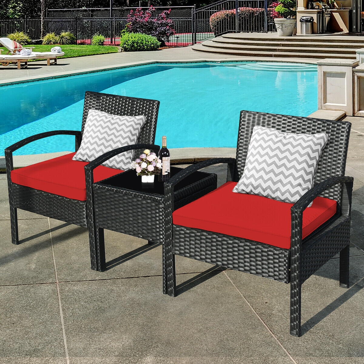 Mondawe 3 Pieces Outdoor Rattan Patio Conversation Set with Seat Cushions-Red-Mondawe
