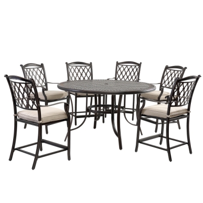 Mondawe 7Pcs Cast Aluminum Dining Bar Set with Round Table and Diamond-Mesh Curved Backrest Dining Chairs in Beige/Orange-Mondawe