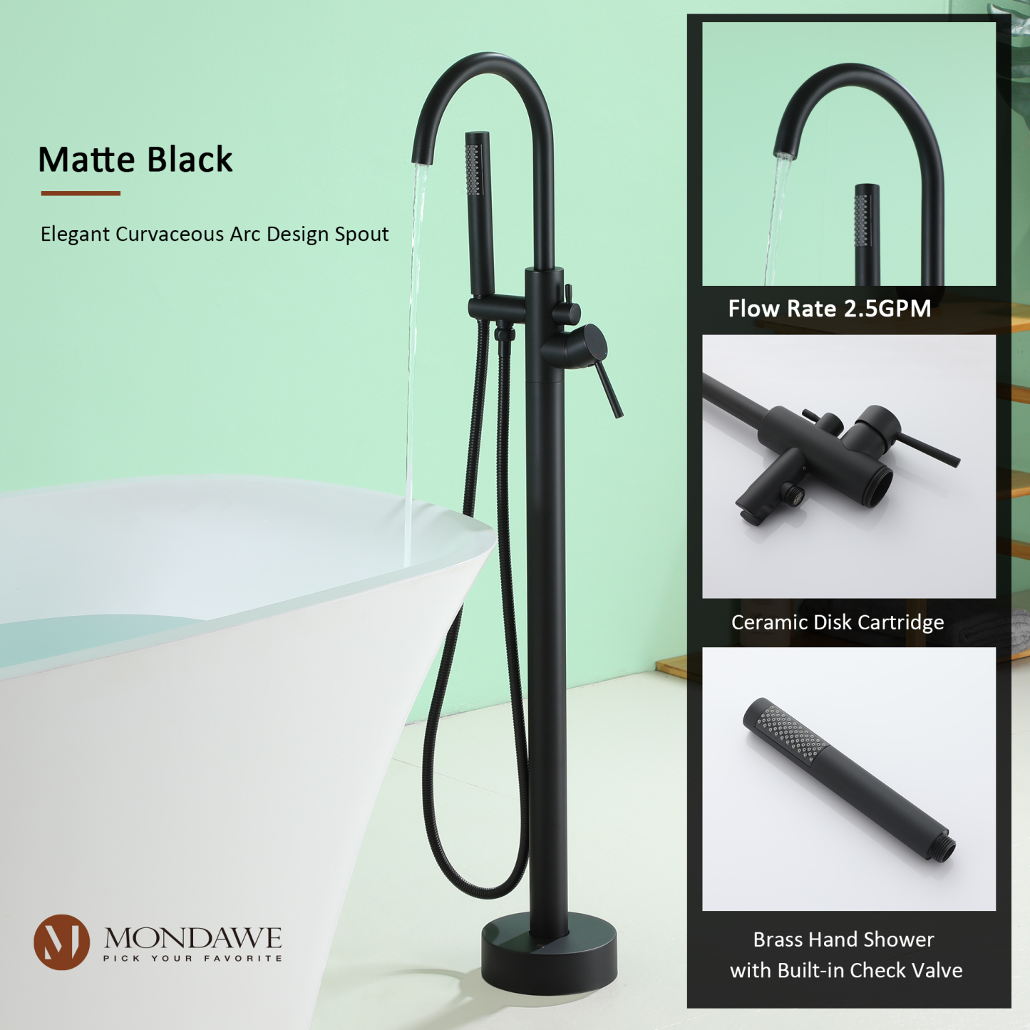 Mondawe Freestanding Shower Head For Matte Black Bathtub Faucet With Solid Brass Body-Mondawe
